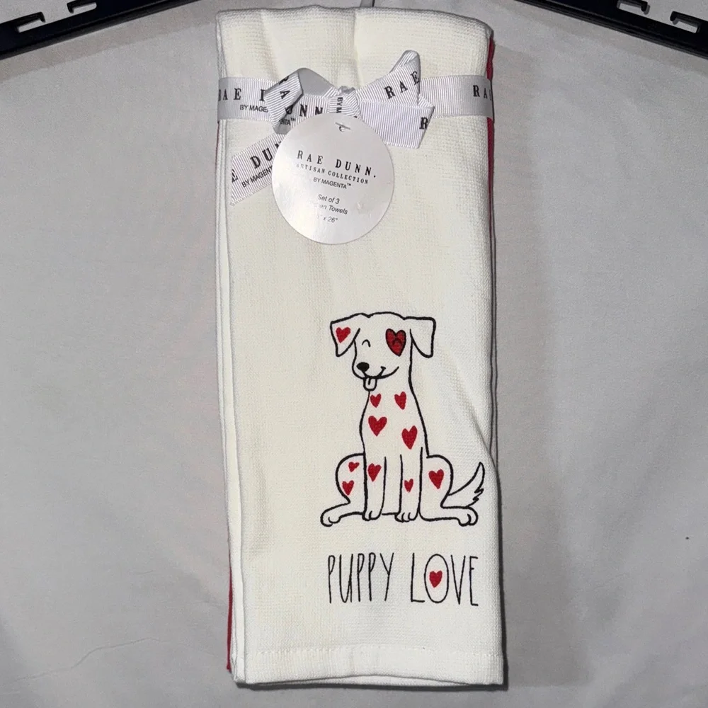 Rae Dunn Puppy Love Valentine’s Day 3 Piece Kitchen Towel Set